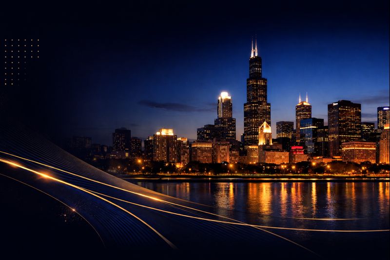 Website design Chicago: Chicago skyline at night reflecting on Lake Michigan behind a modern website design